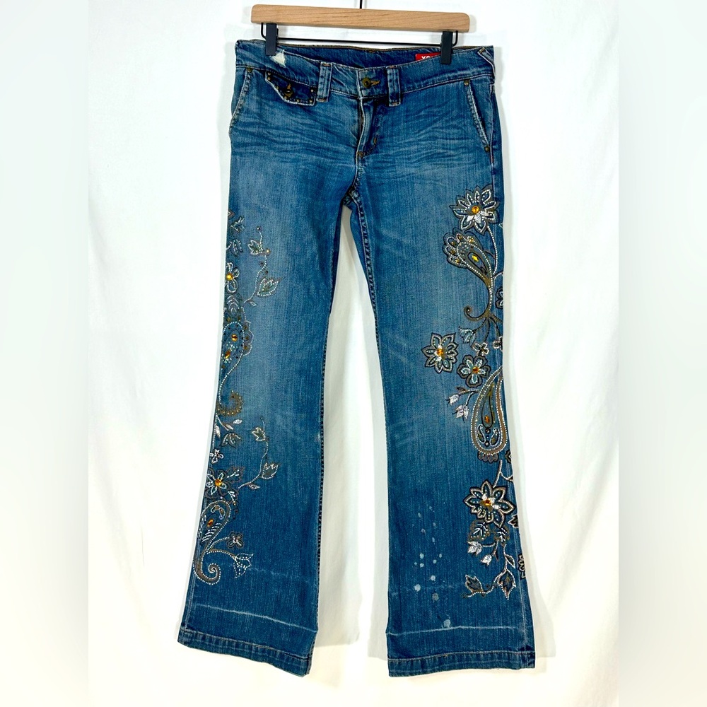Vintage Y2K Trashed Denim Laboratory Jeans Rhinestone Bling Flare Studded Boho